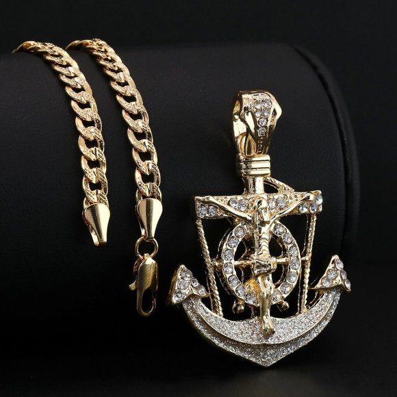 14k Gold Jesus Anchor Cuban Pendant + Necklace
